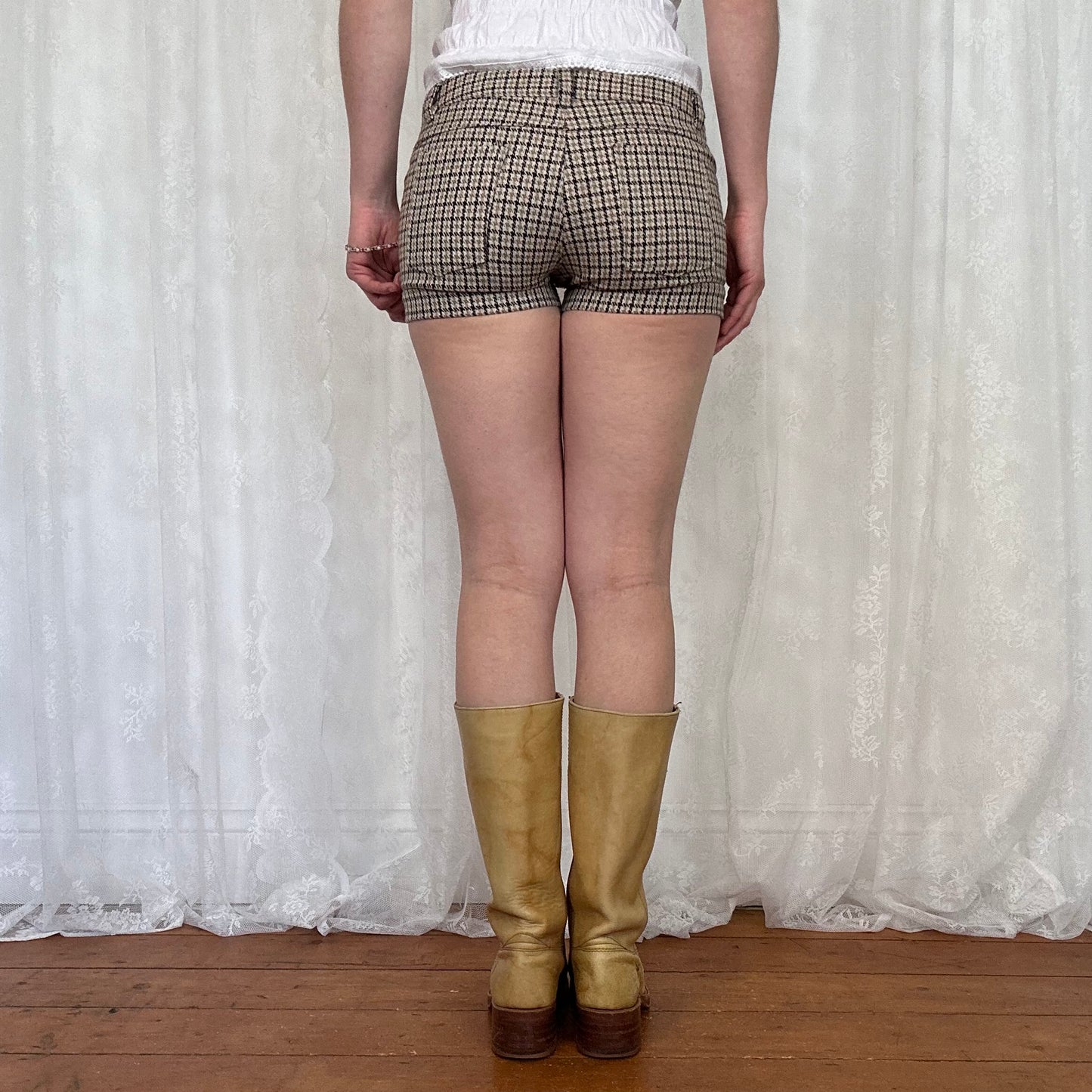 vintage 00s brown houndstooth mini shorts