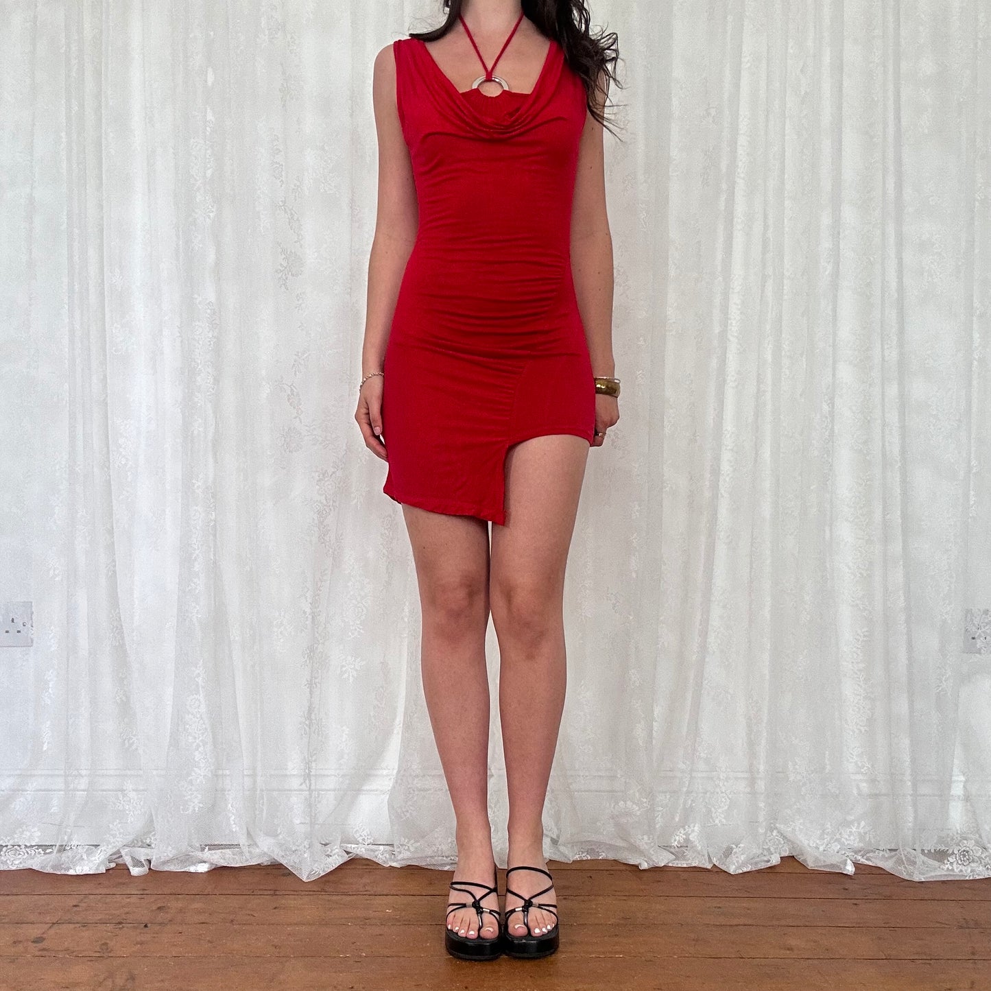 vintage 00s red o ring halterneck mini dress