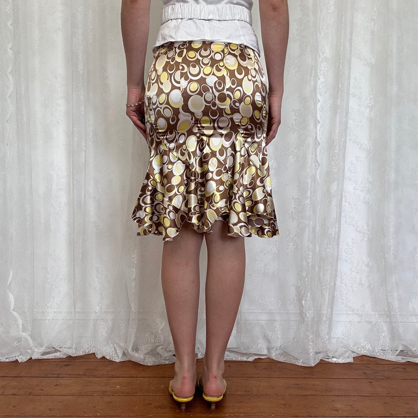 vintage 00s brown satin circle print flared midi skirt