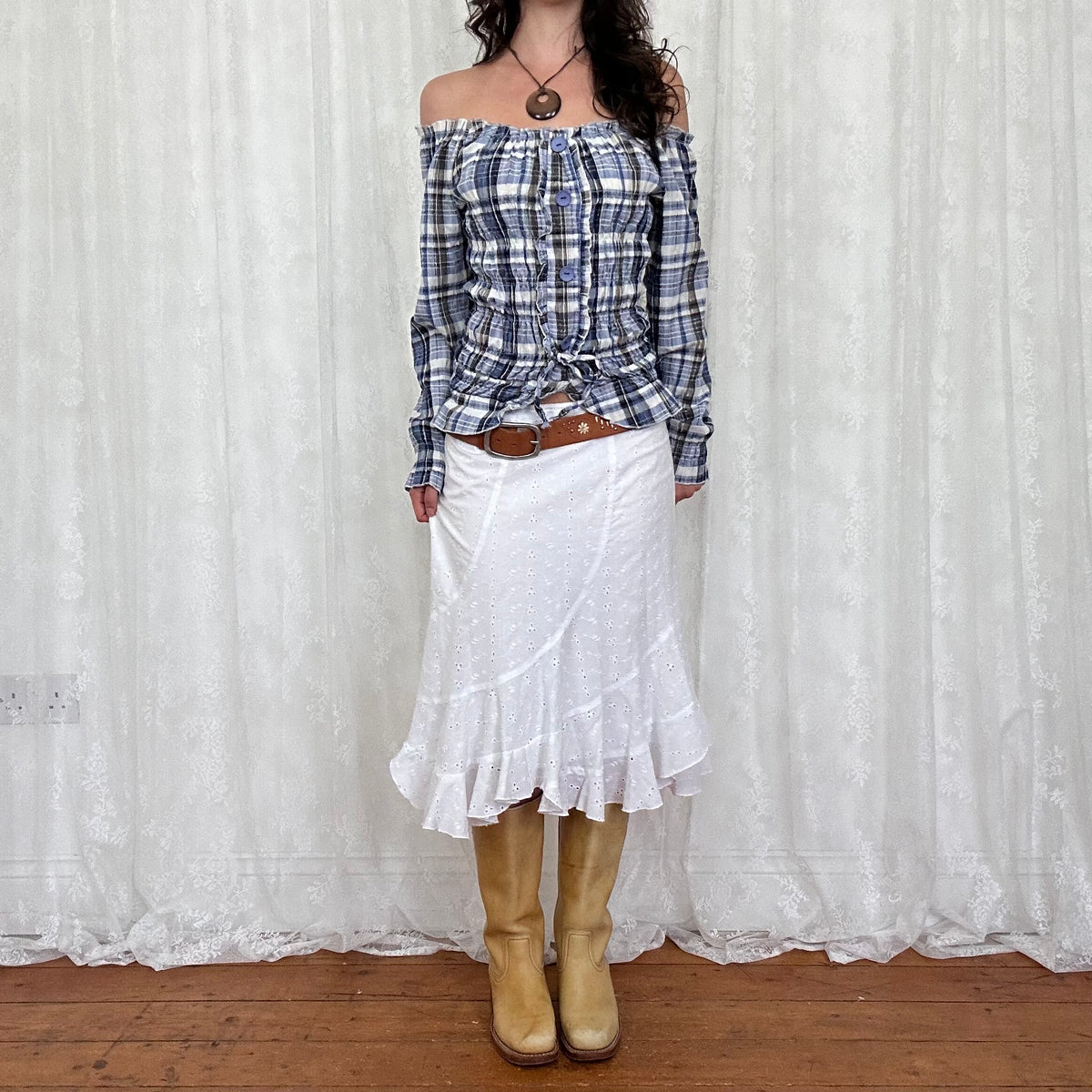 vintage 00s navy gingham milkmaid long sleeve top