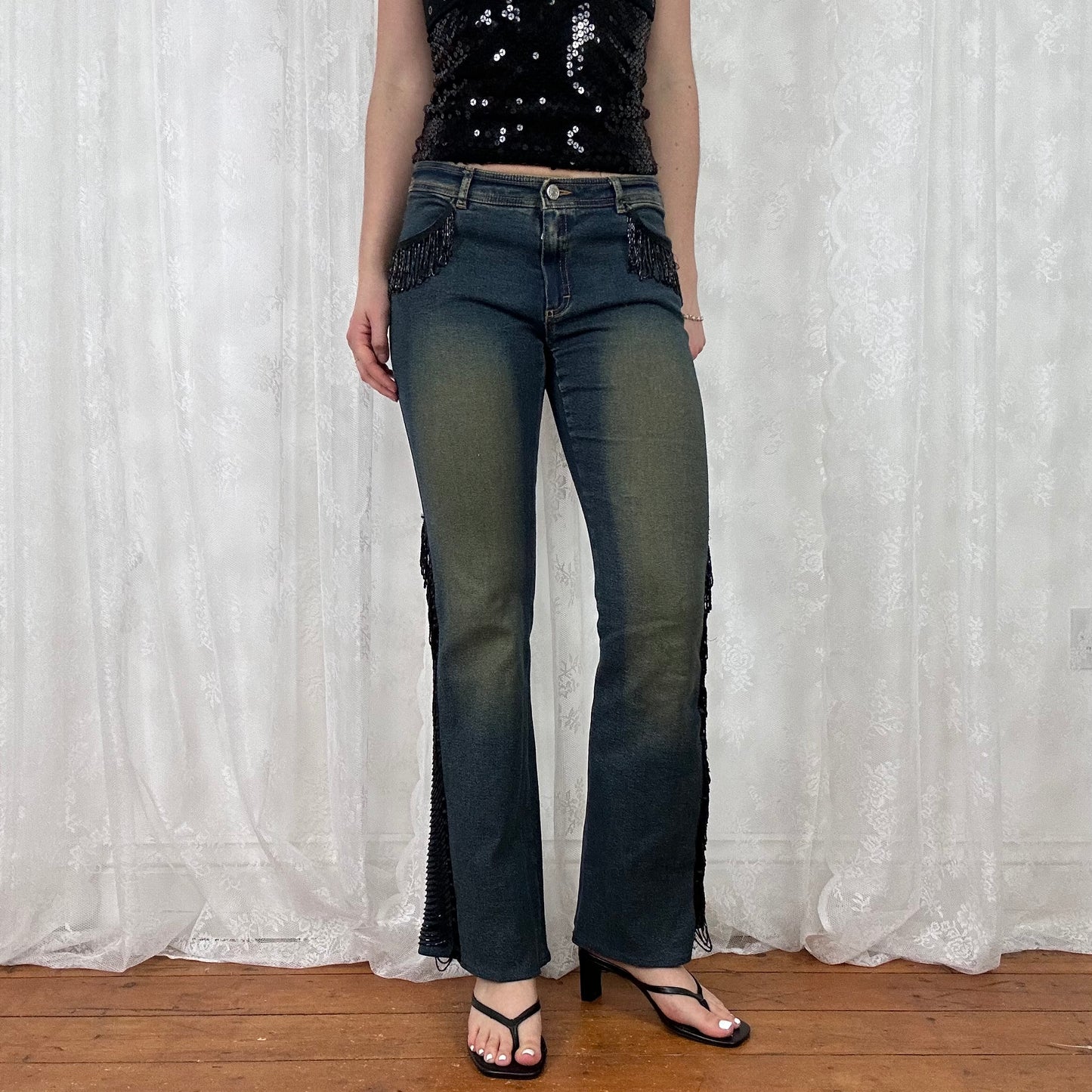 vintage 00s low rise black beaded tassle flared jeans