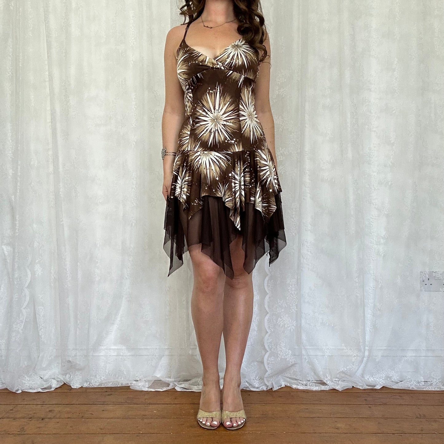 vintage 00s brown floral hanky hem mini dress