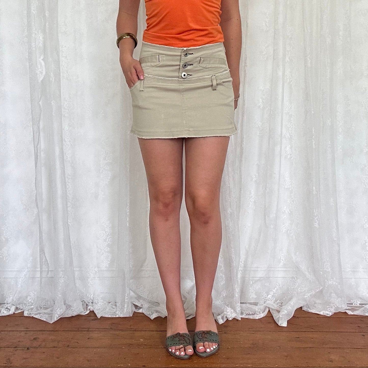 vintage 00s beige button down a line mini skirt