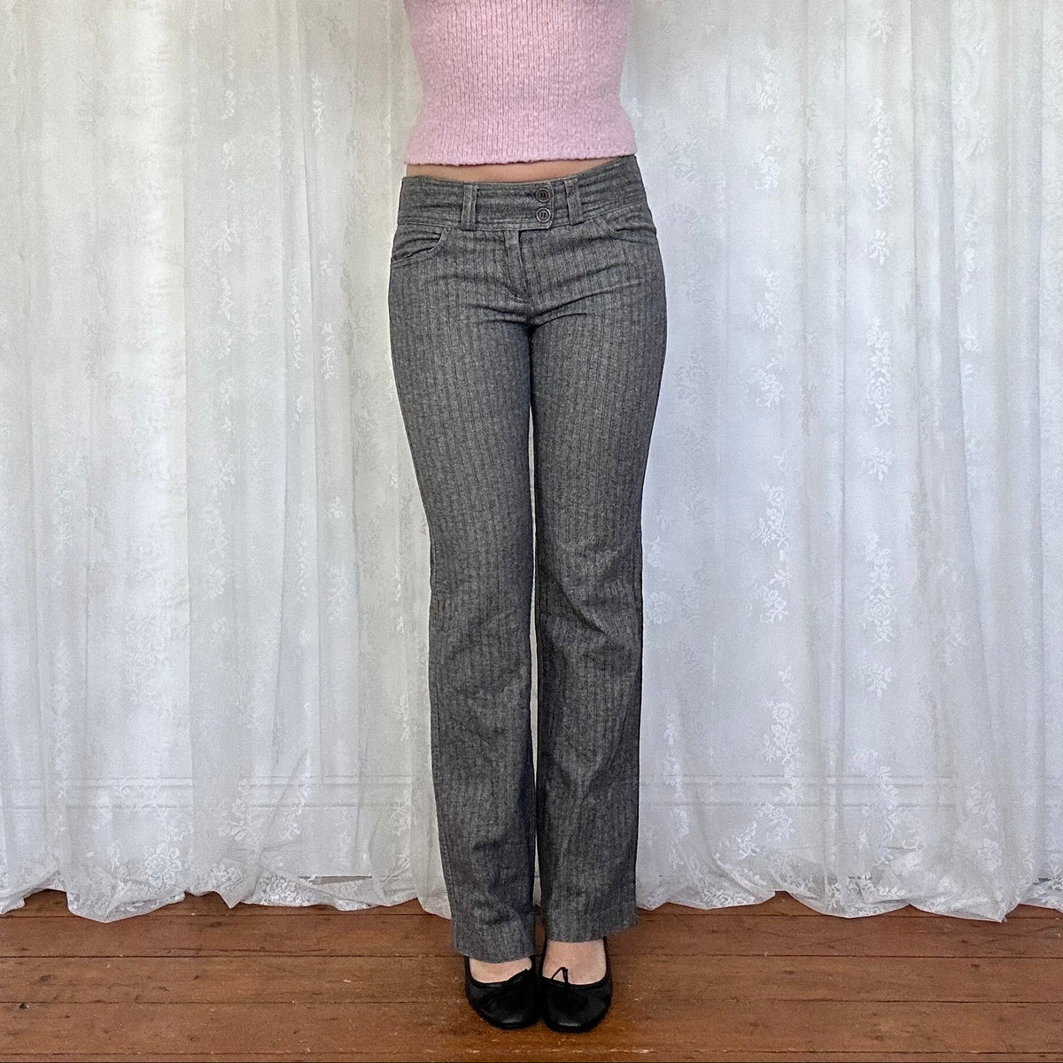 vintage 00s grey pinstripe low rise suit trousers