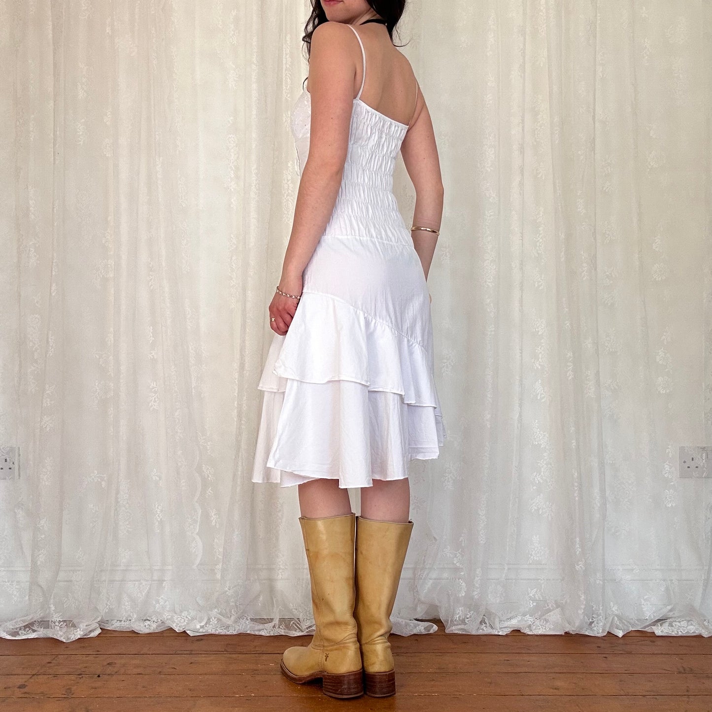 vintage 00s white broderie tie up front midi dress