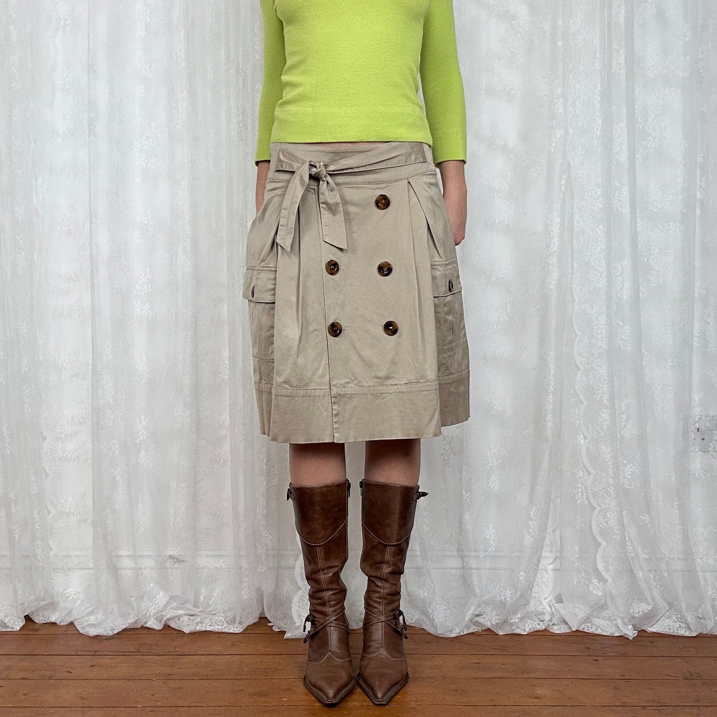 vintage 00s beige trench style midi skirt