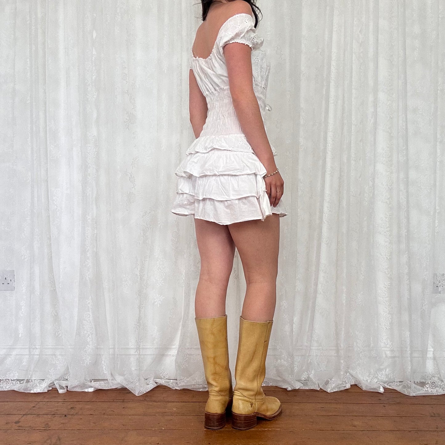 vintage 00s white broderie milkmaid ruffle mini dress