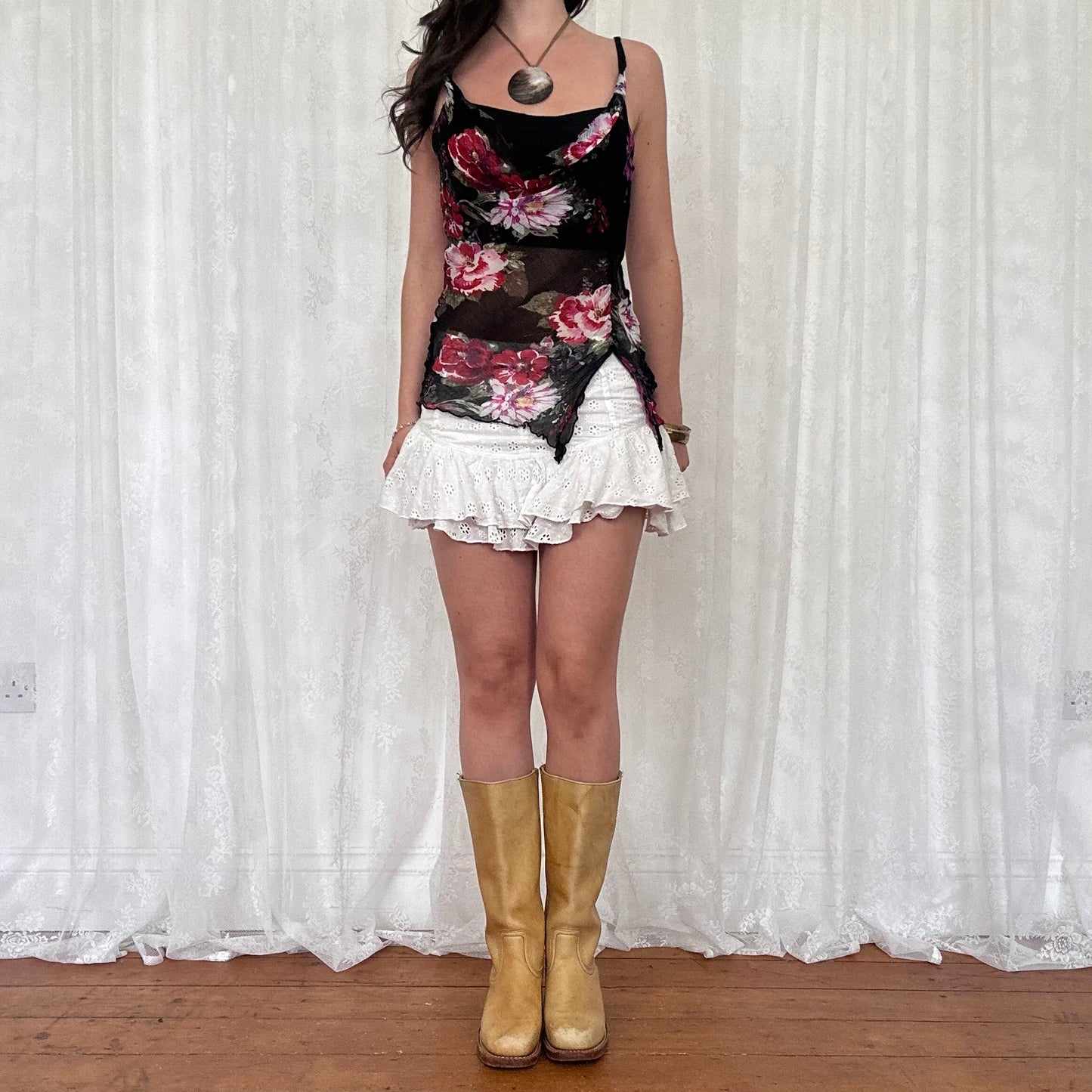 vintage 00s white broderie ruffle micro mini skirt
