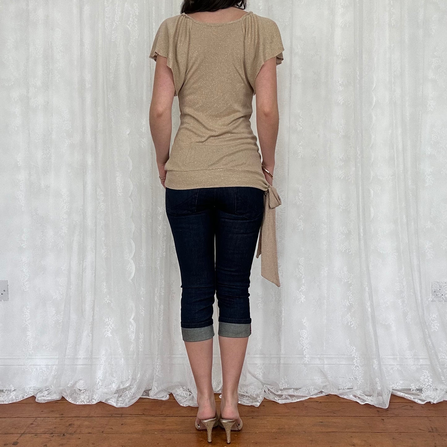 vintage 00s gold shimmery tie waist top