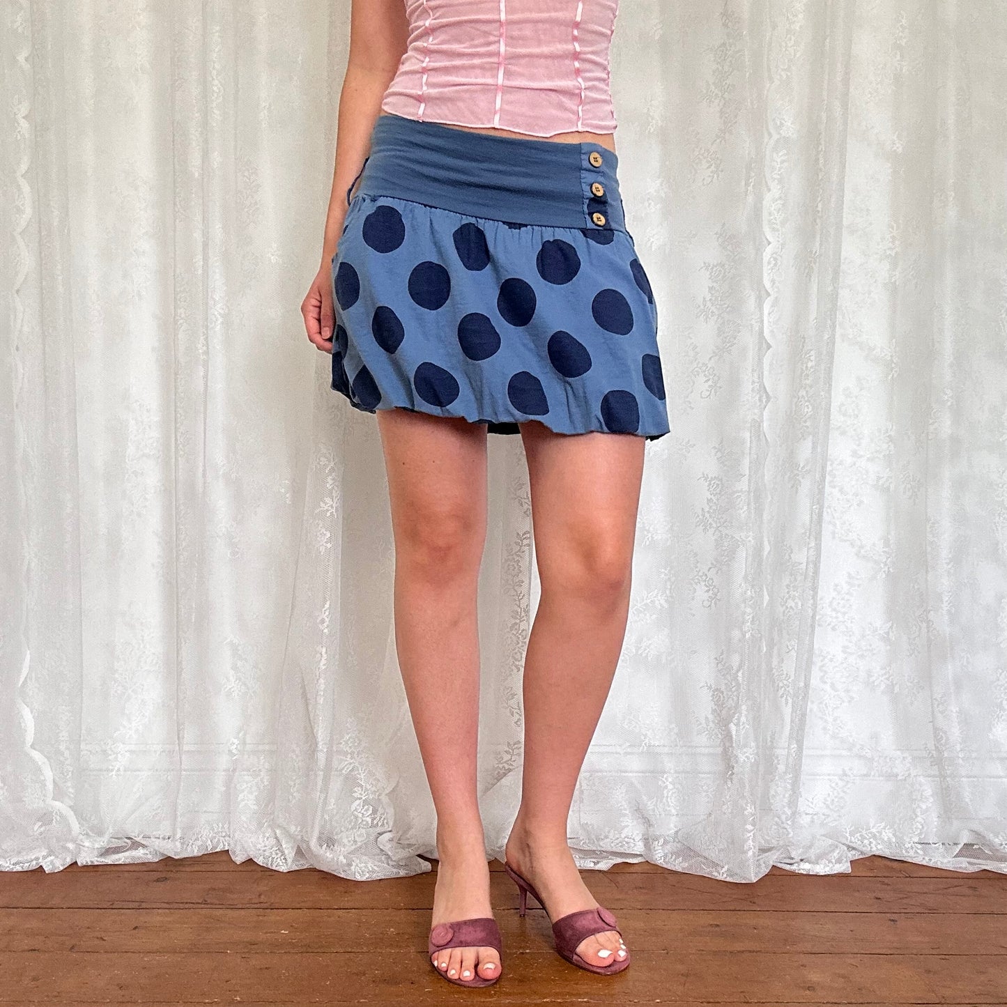 vintage 00s blue polka dot puffball skirt