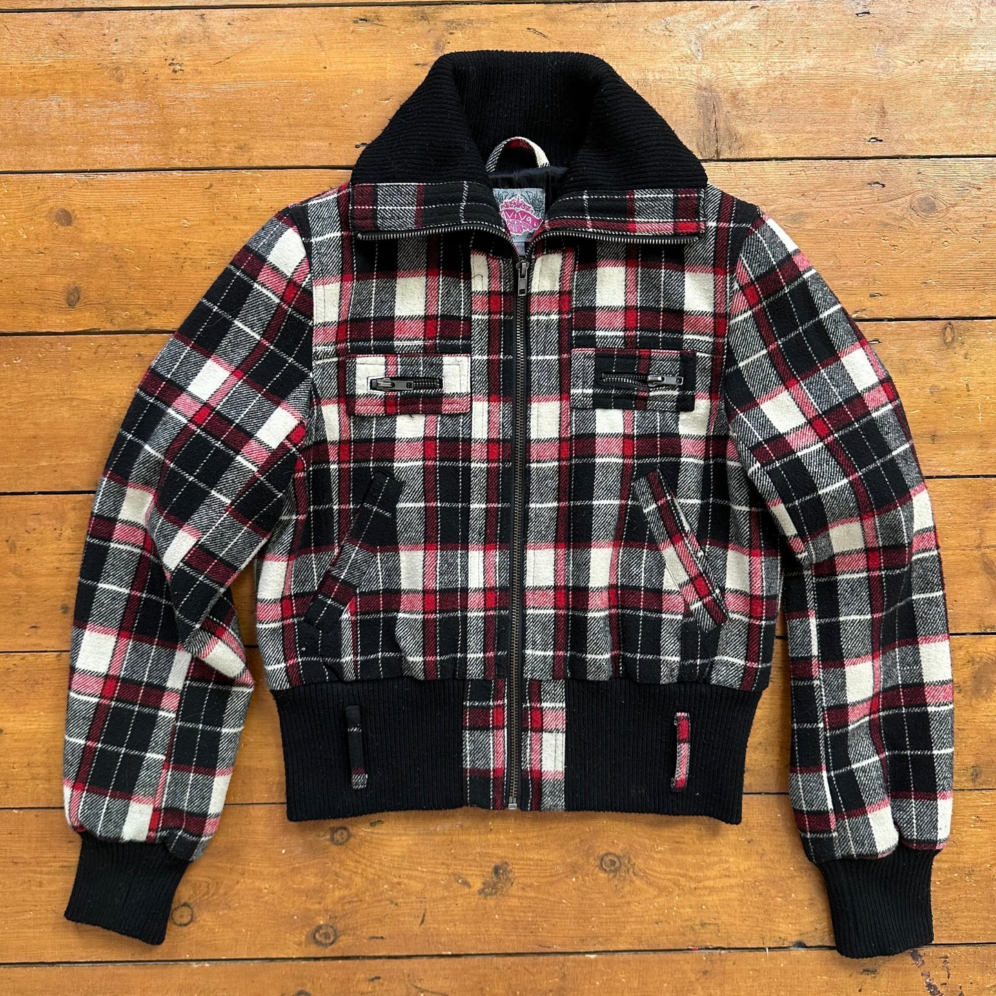 vintage 00s red and black checkered bomber jacket