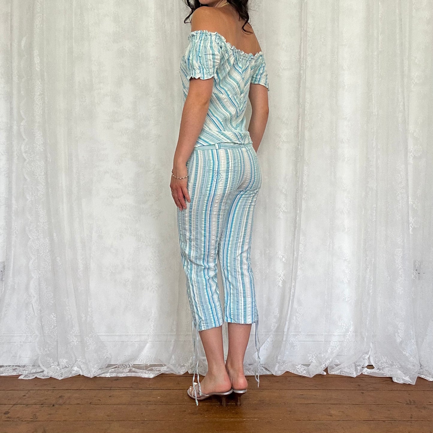 vintage 00s blue pinstripe capri and top co ord