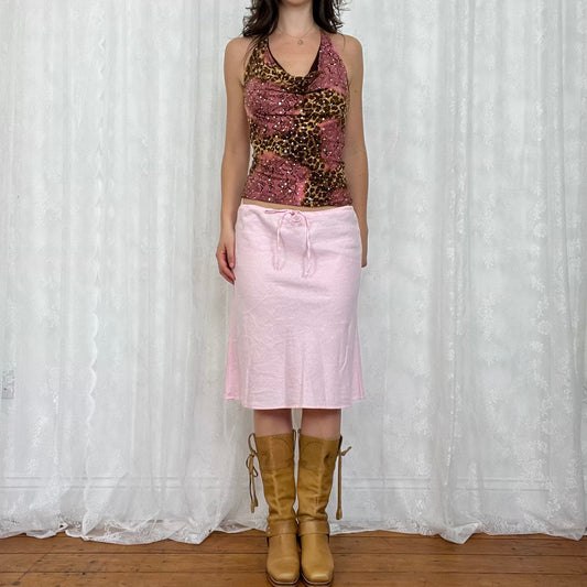 vintage 00s pink sequin leopard print cowl neck top