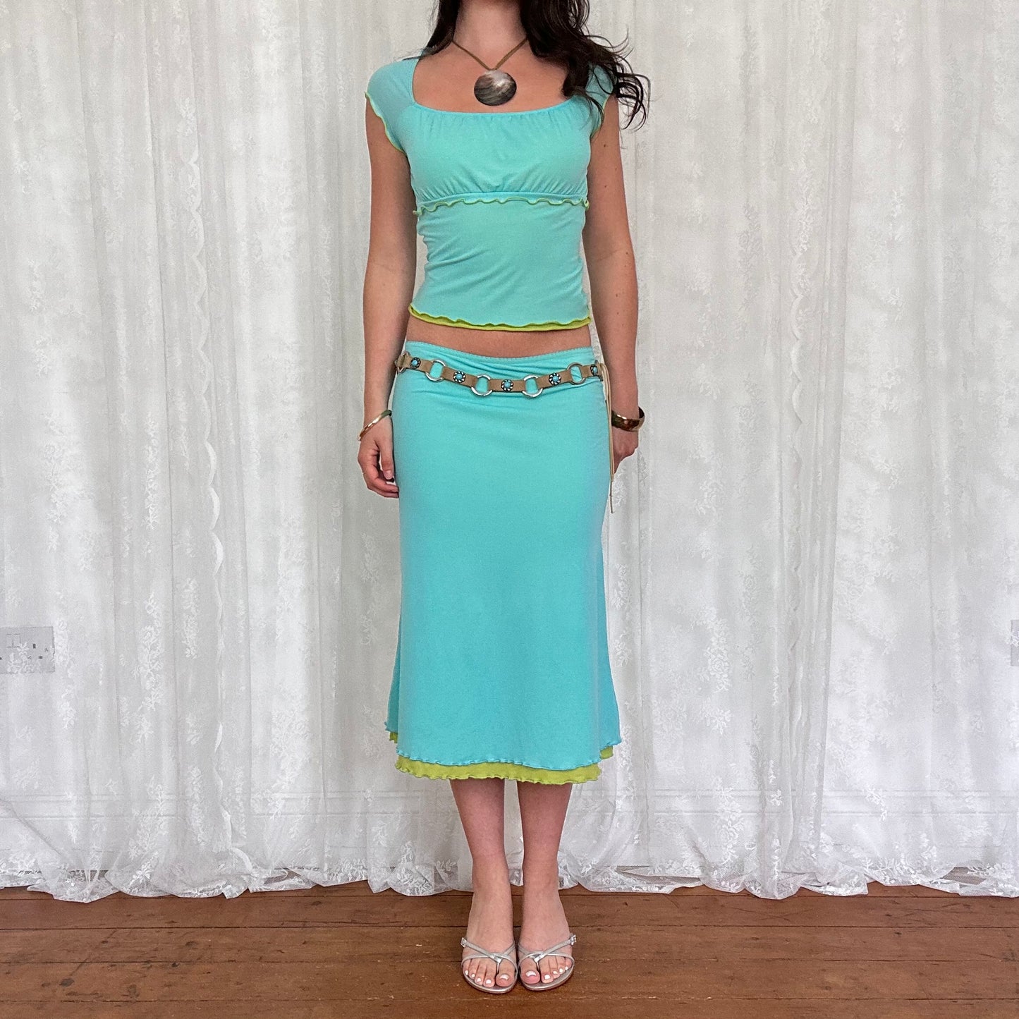 vintage 00s teal and lime green mesh milkmaid top and midi skirt co ord