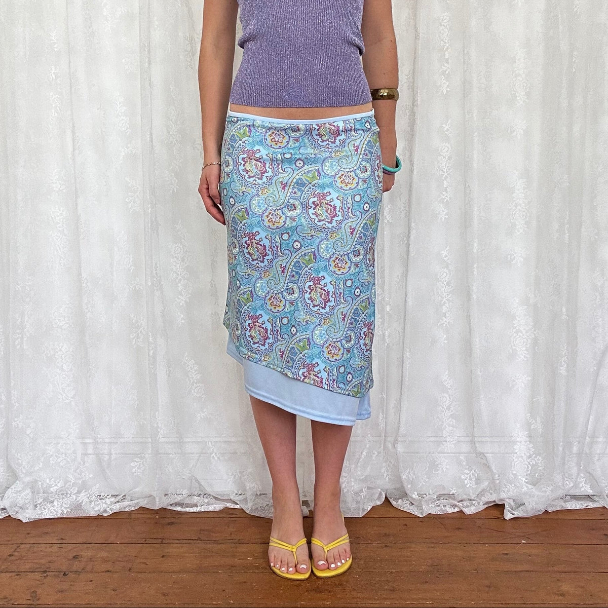 vintage 00s blue paisley asymmetrical midi skirt
