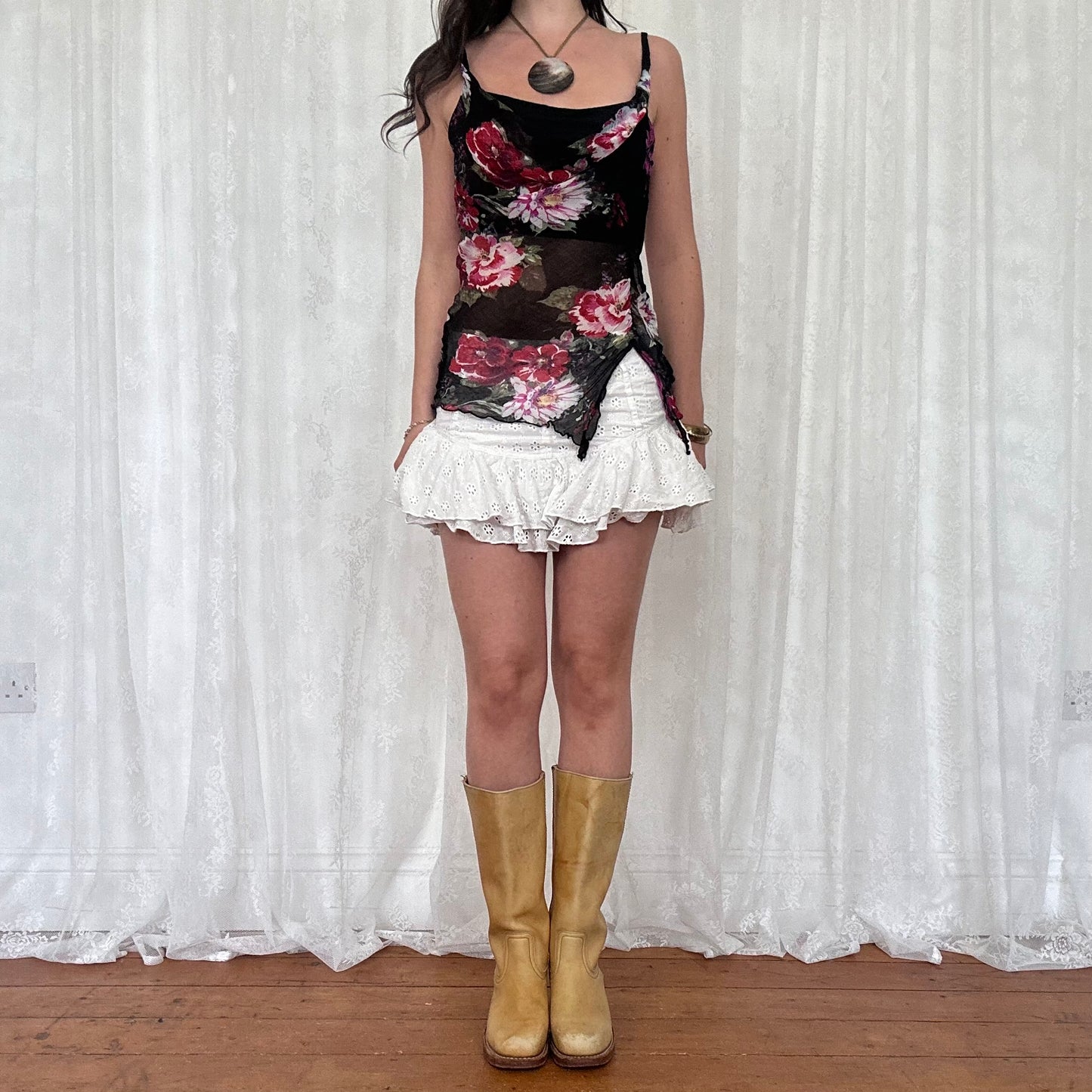 vintage 00s black and red floral cowl neck cami