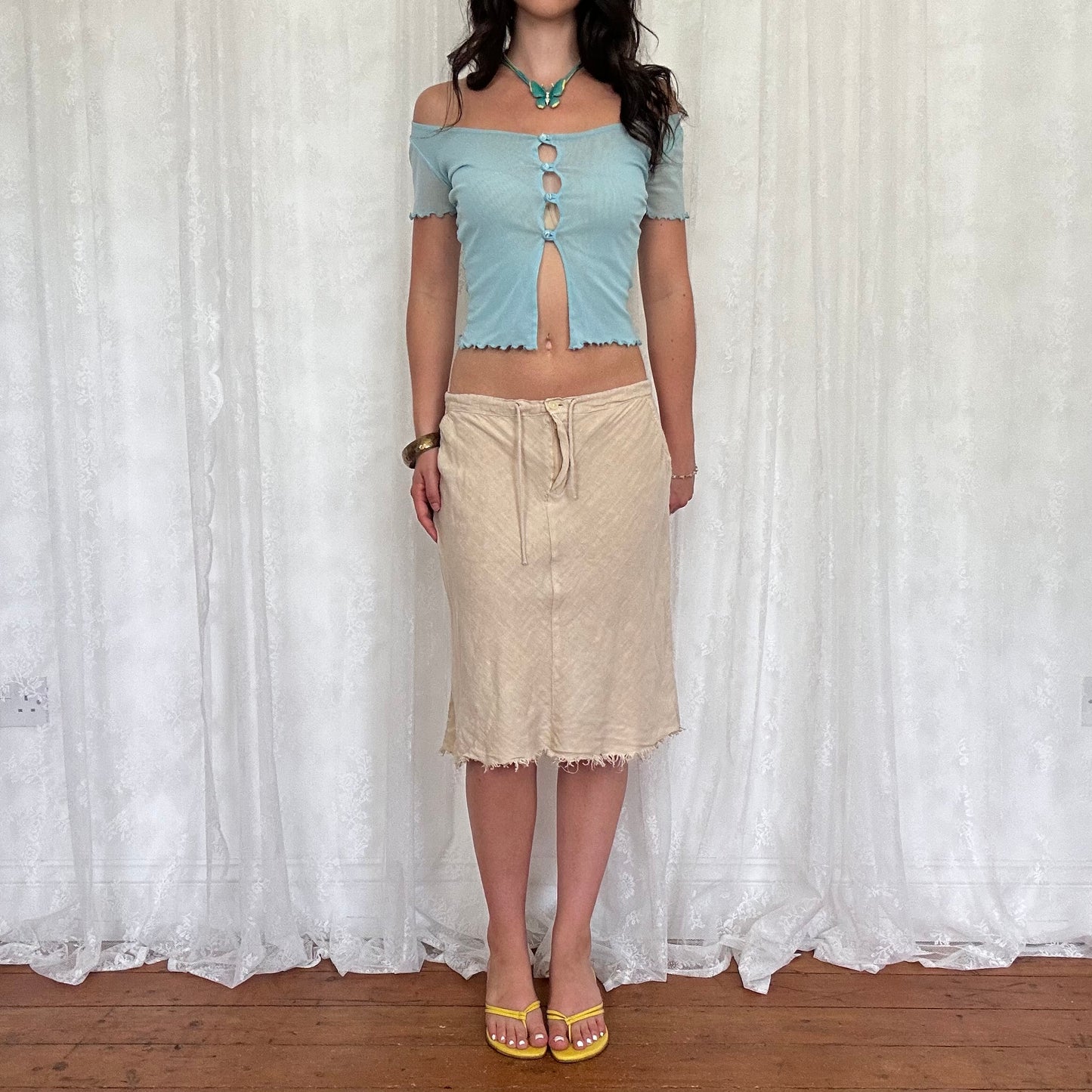 vintage 00s beige linen midi skirt