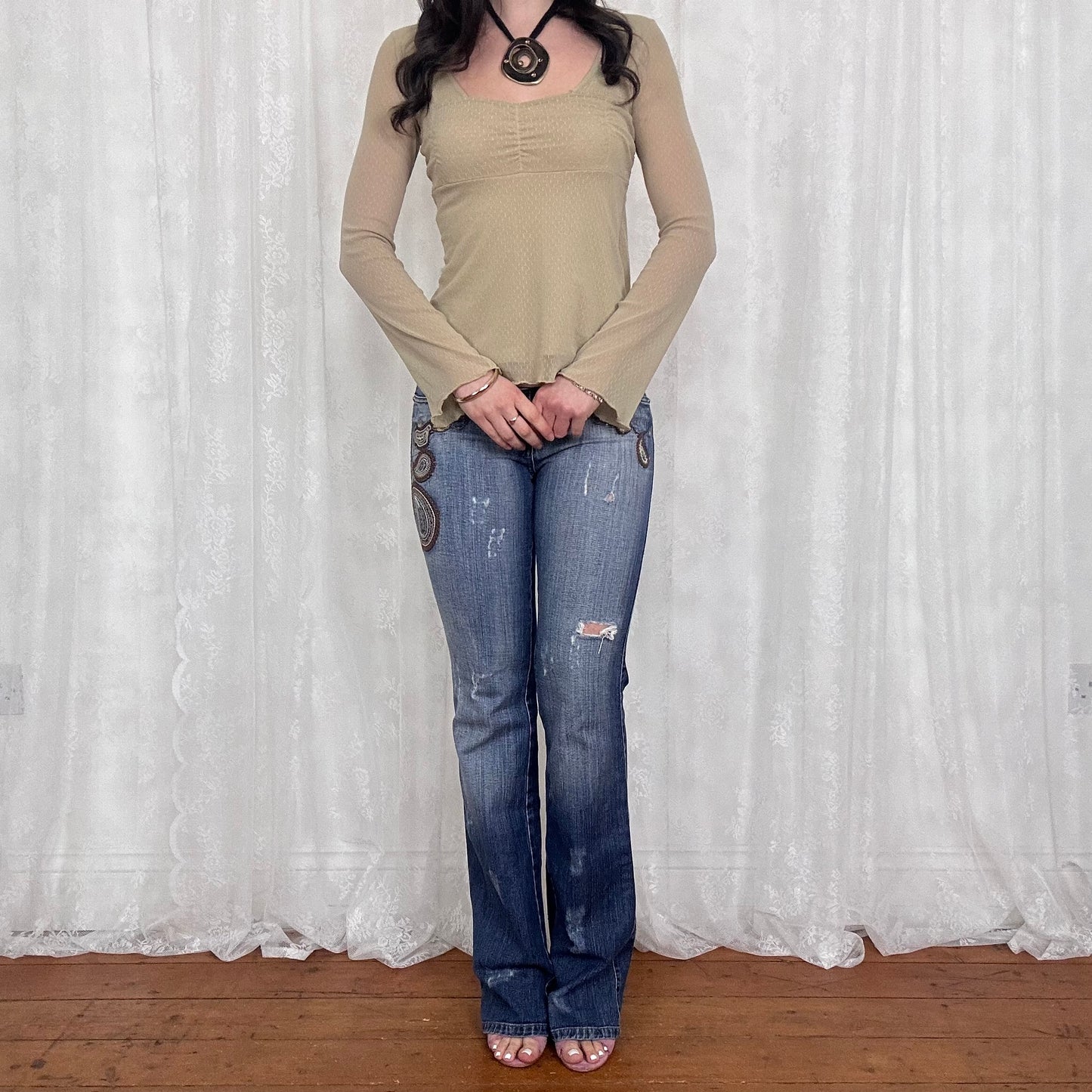 vintage 00s beige mesh babydoll top