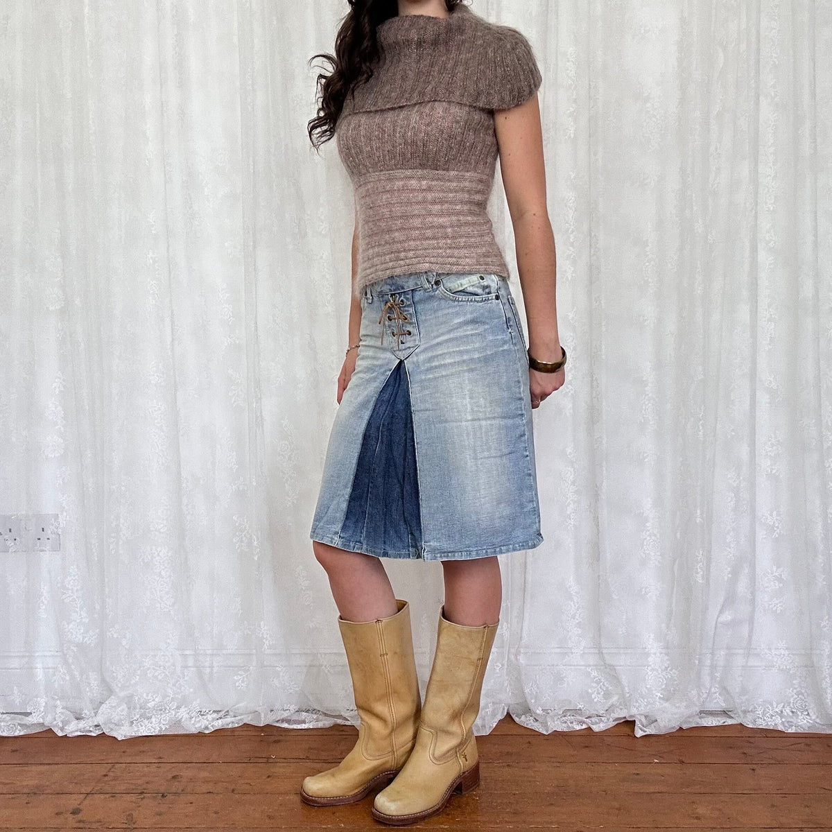 vintage 00s brown off shoulder rollneck jumper