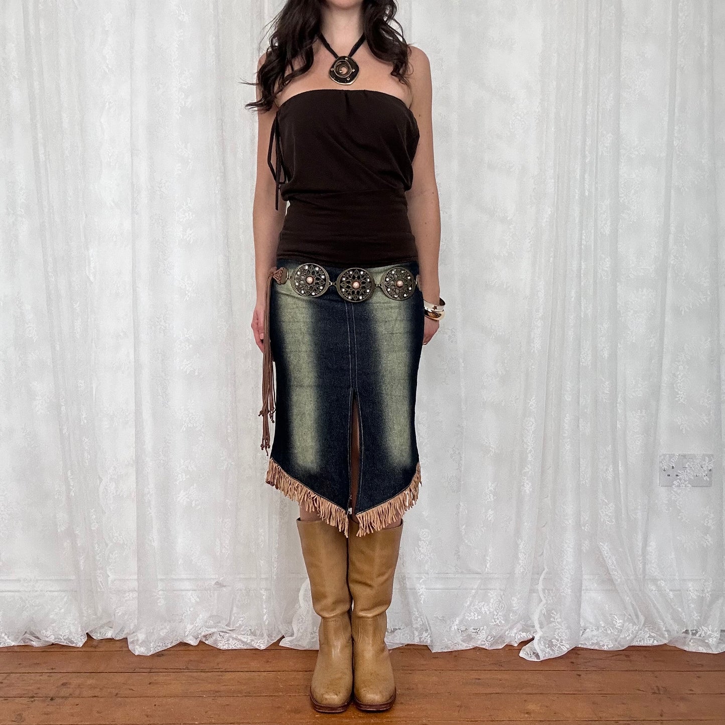 vintage 00s brown cinched waist strapless top