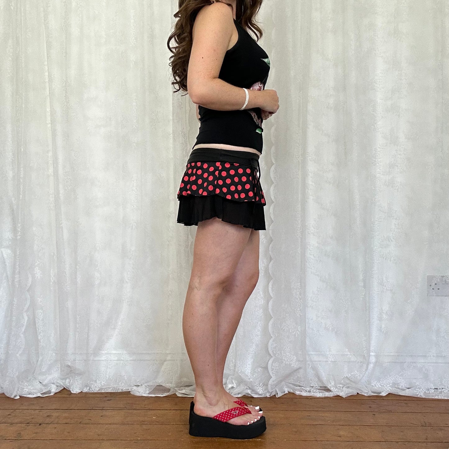 vintage 00s black and red polka dot micro skirt