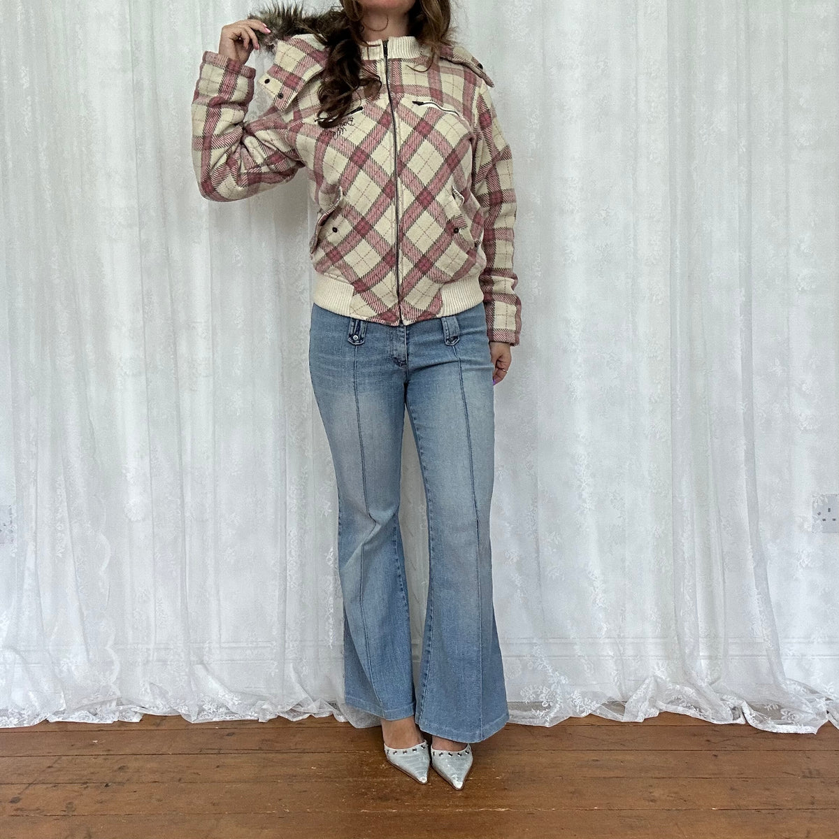 vintage 00s pink and white checkered hooded bomber jacket