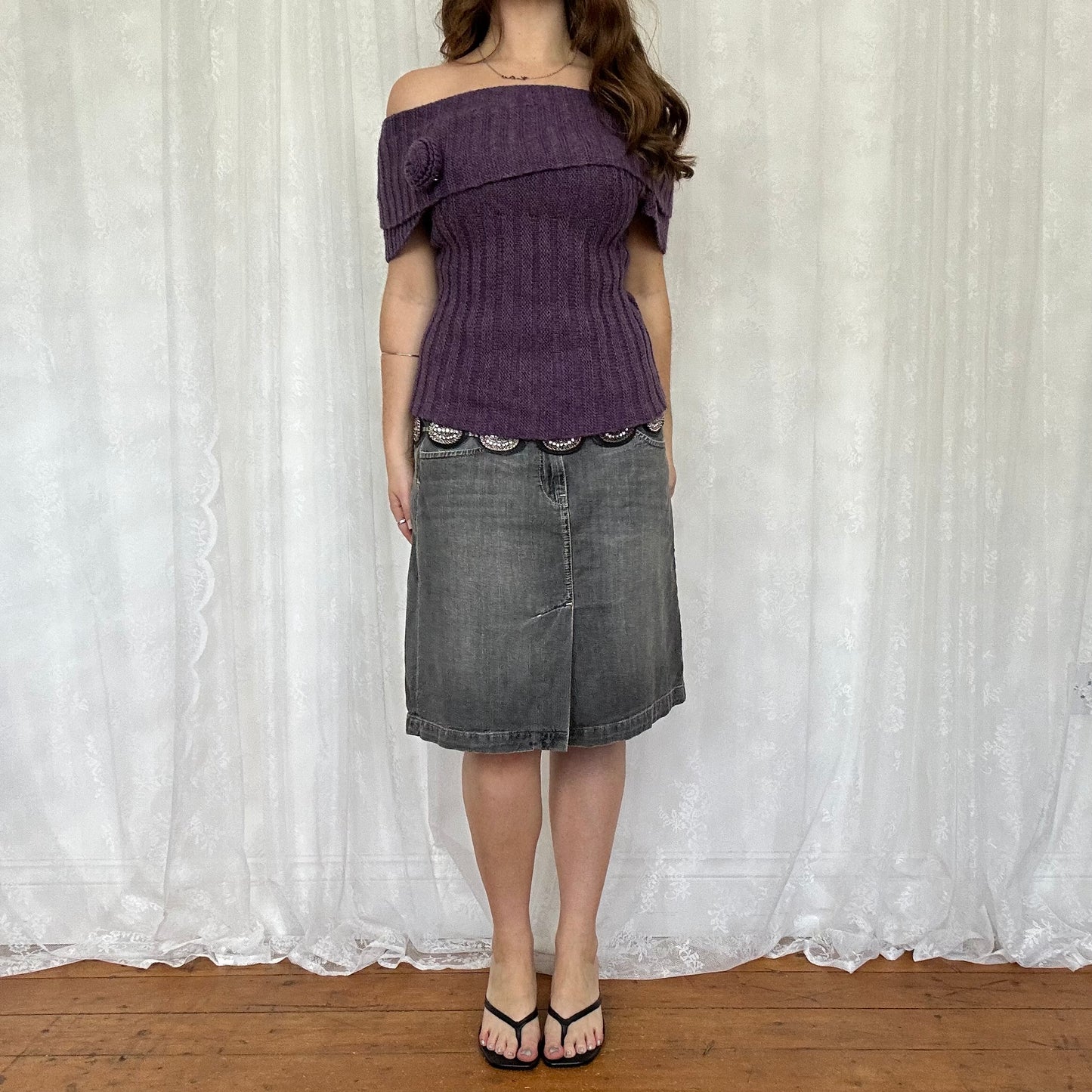 vintage 00s purple off shoulder knit jumper