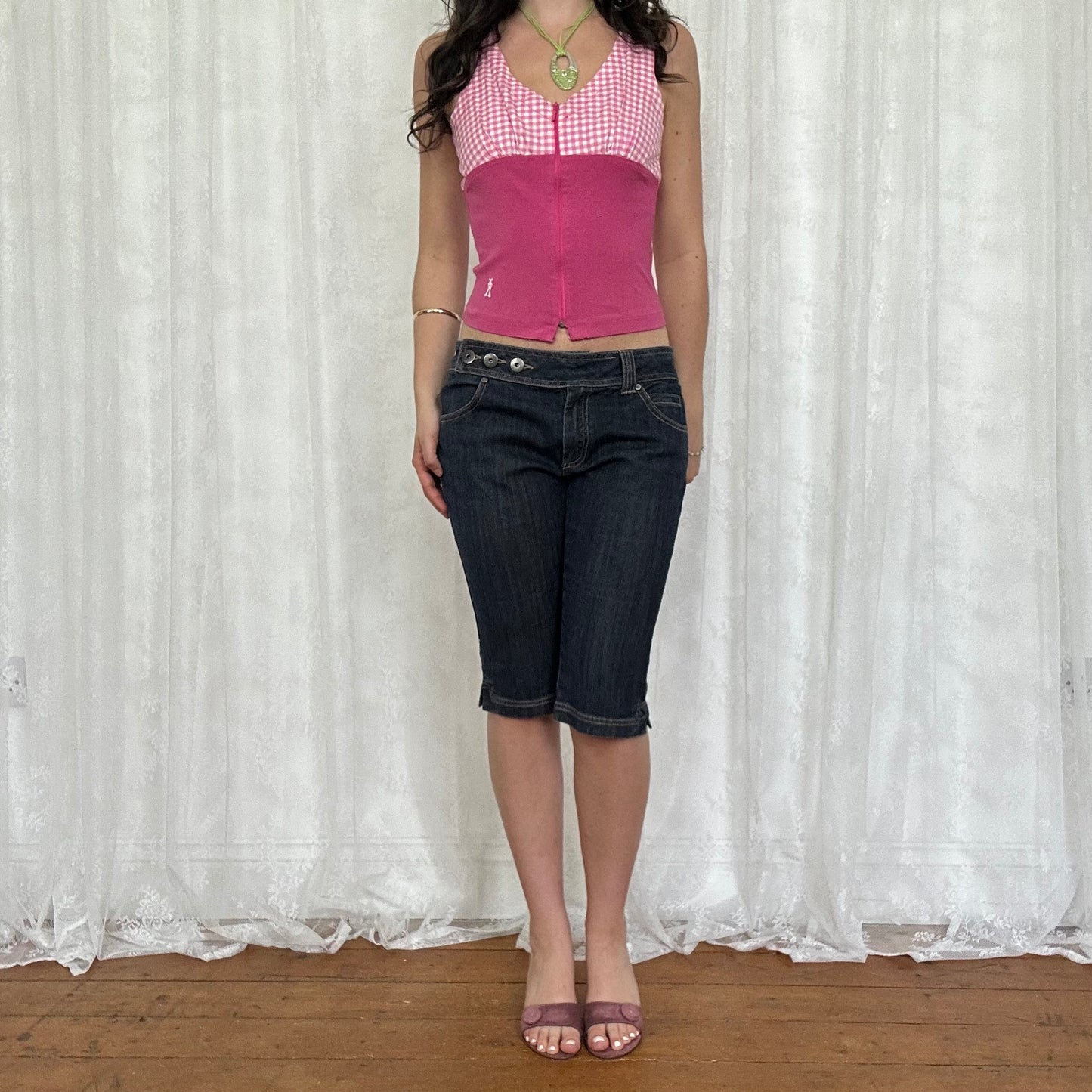 vintage 00s pink gingham zip up top