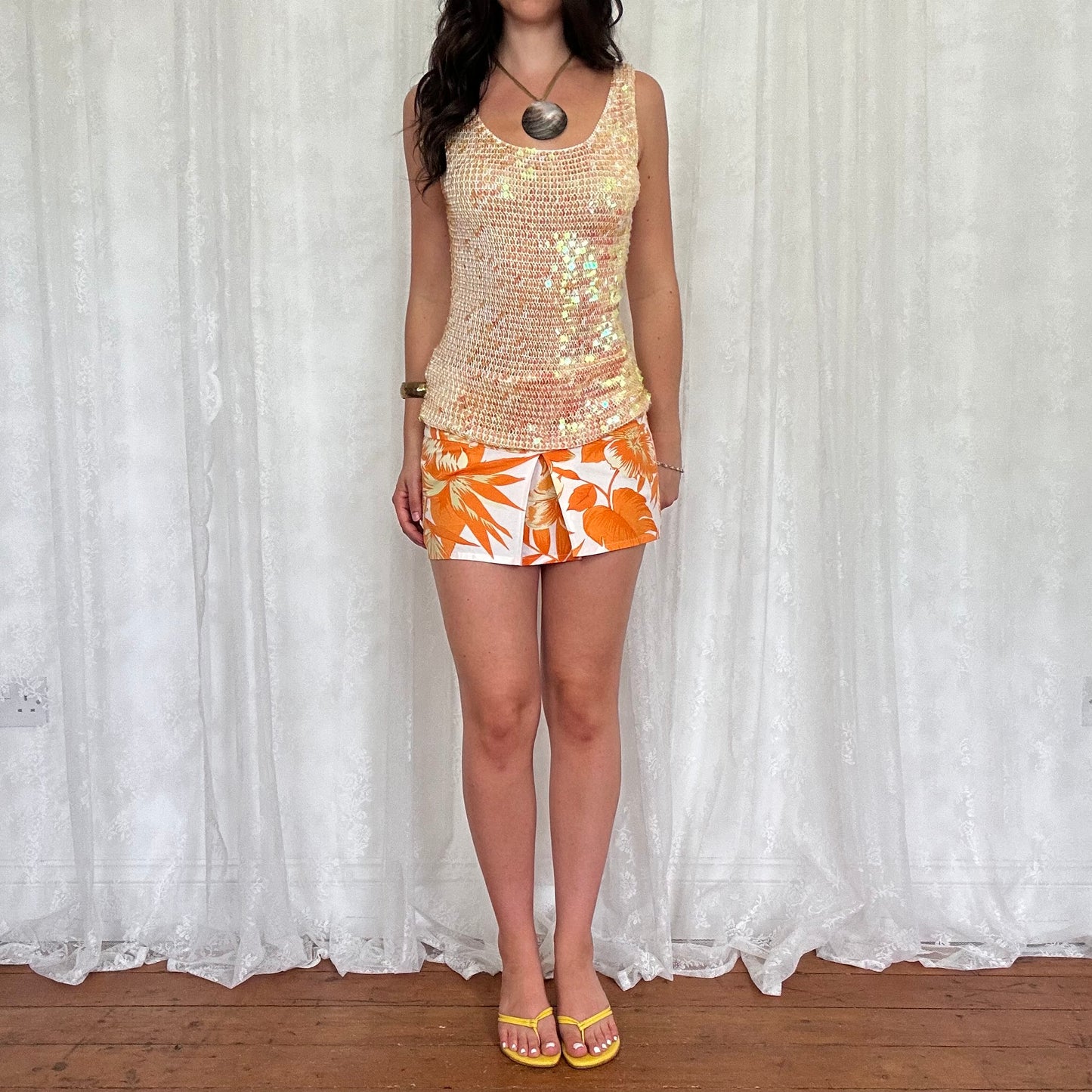 vintage 00s cream sequin crochet top
