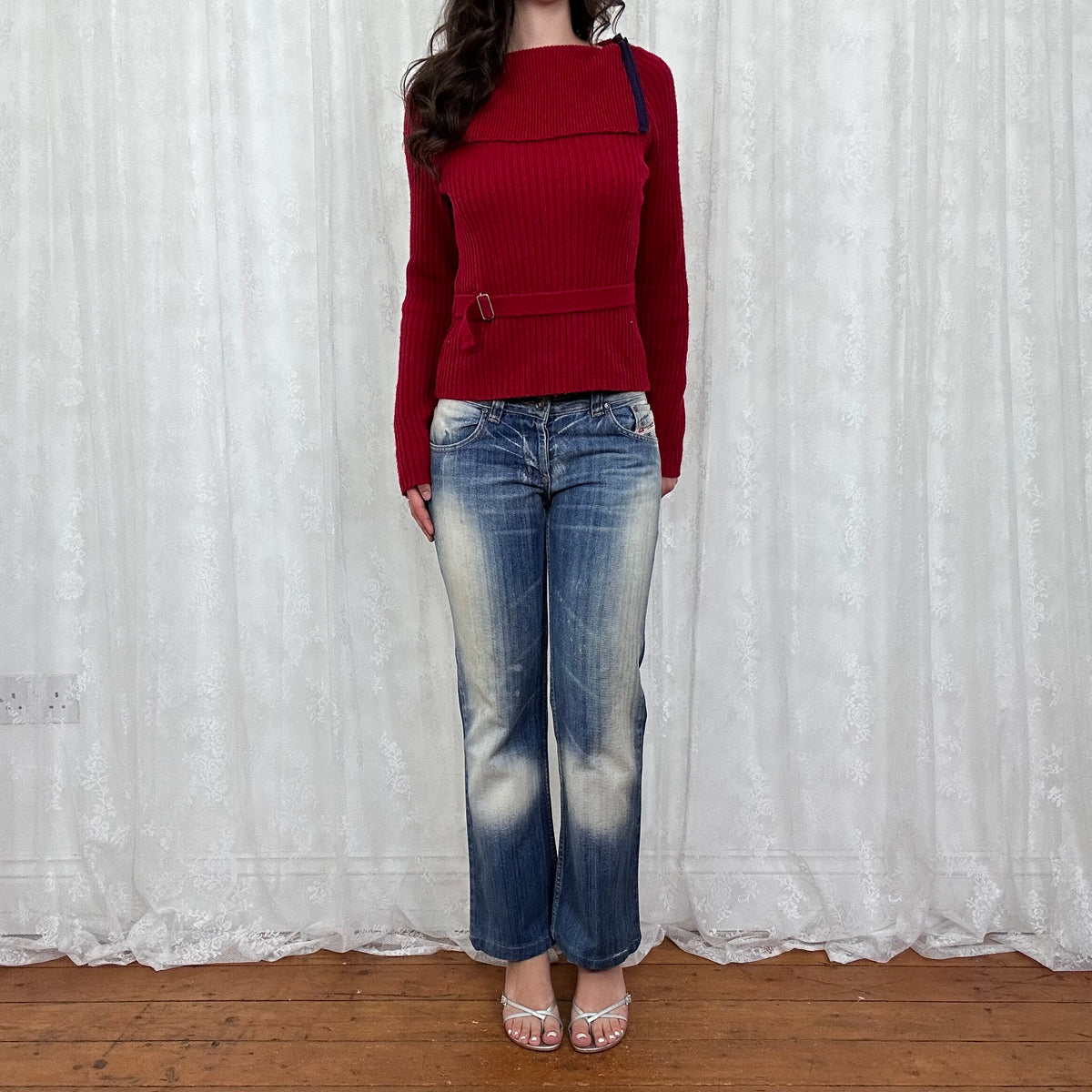 vintage 00s red foldover collar jumper with belt