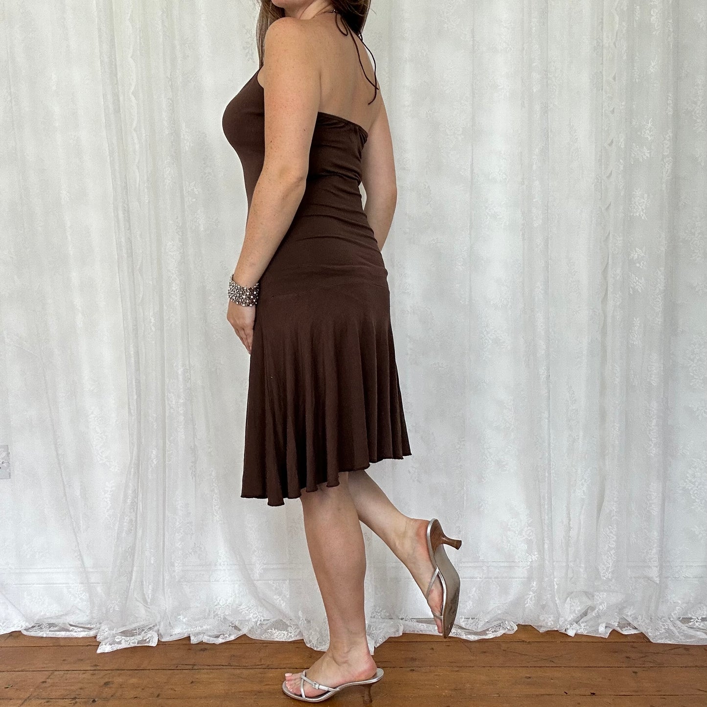 vintage 00s brown halter midi dress with bead detailing