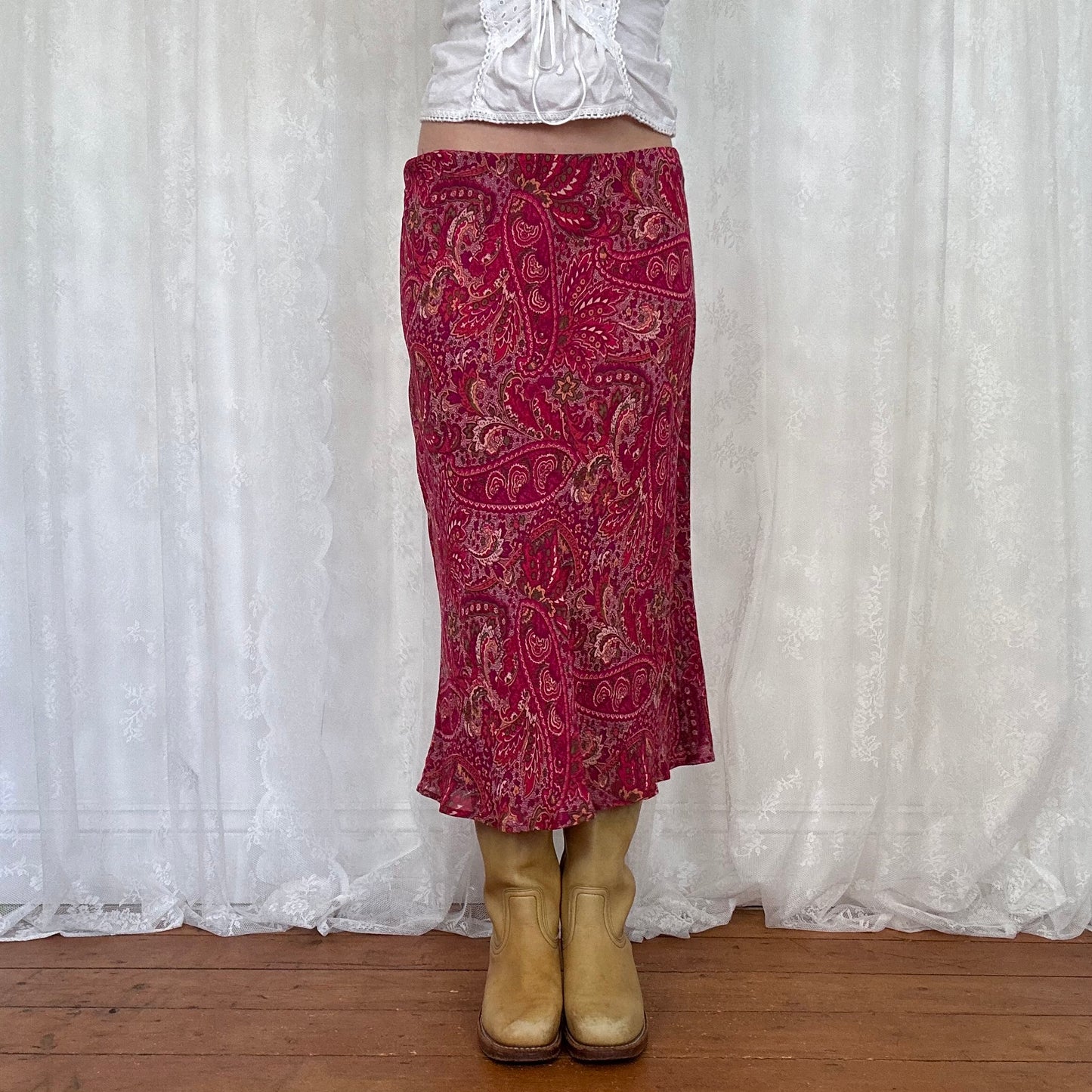 vintage 00s pink paisley print midi skirt