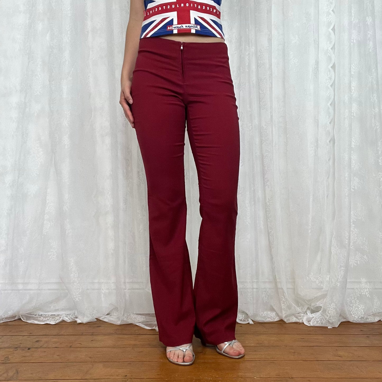vintage 00s red flared trousers with front zip