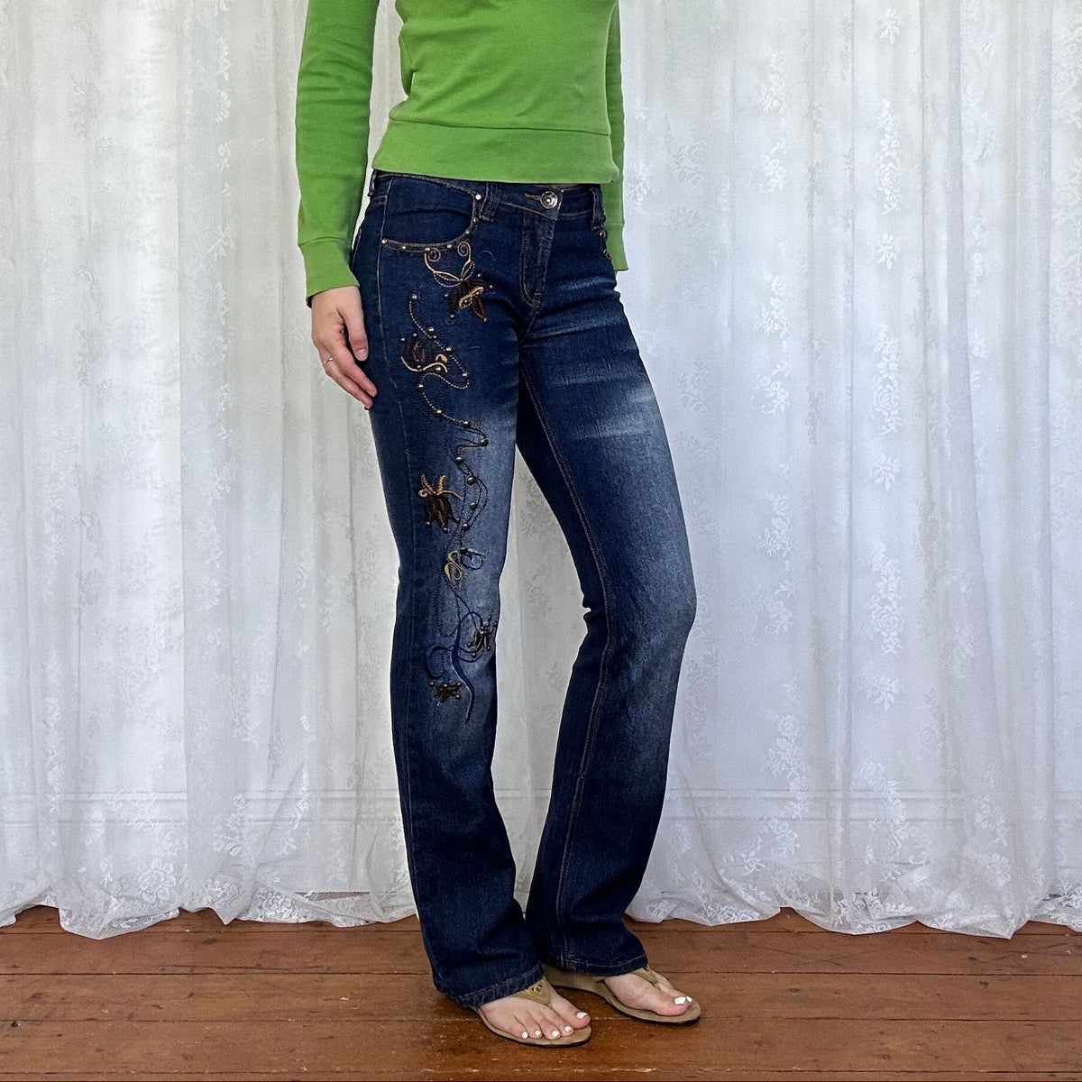 vintage 00s dark wash straight leg jeans with studs and embroidery