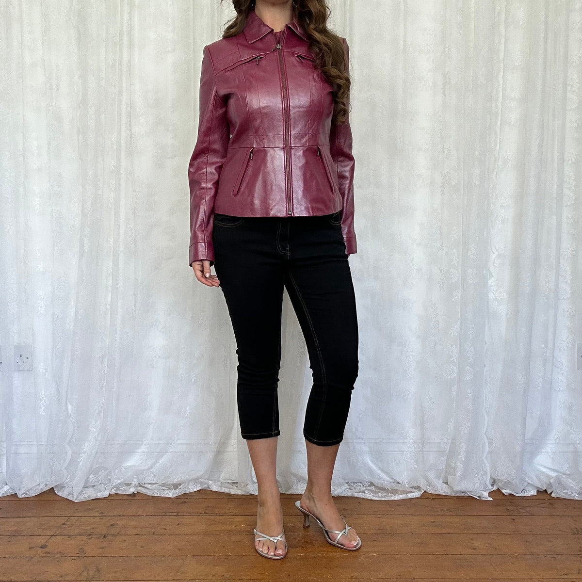 vintage 00s magenta metallic leather jacket