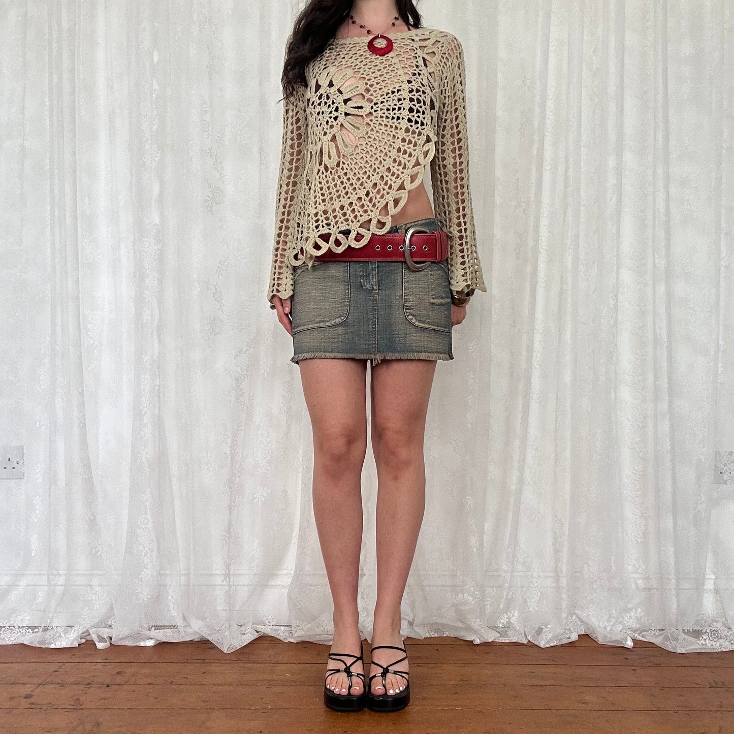 vintage 00s beige crochet knit jumper