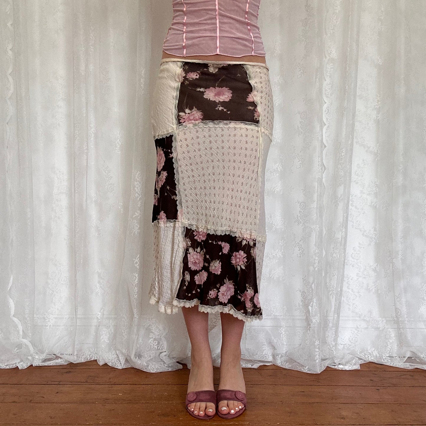vintage 00s cream brown and pink floral patchwork midi skirt