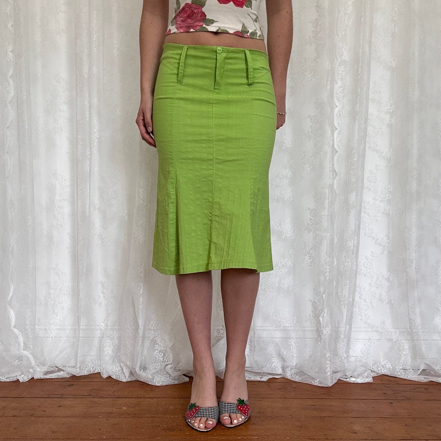 vintage 00s green fitted midi skirt