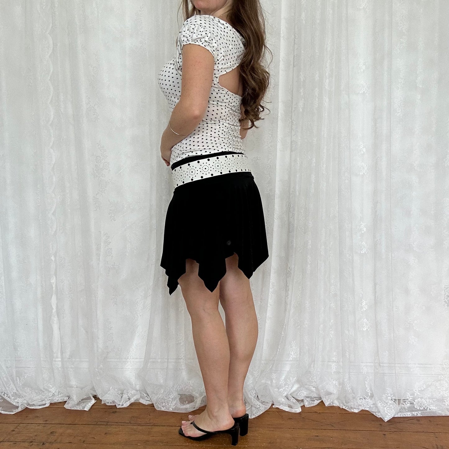 vintage 00s black and white polka dot top with built in shrug