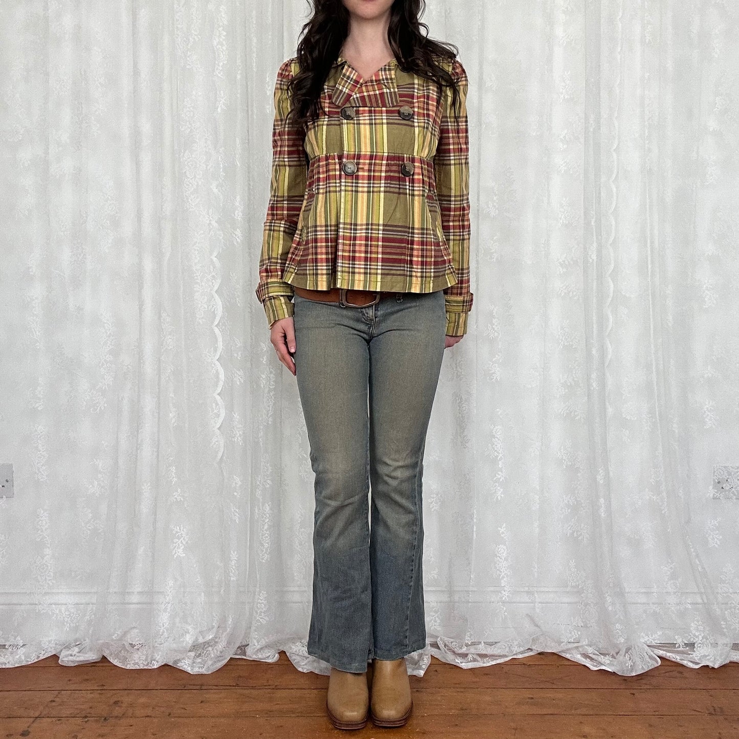 vintage 00s green checkered peacoat