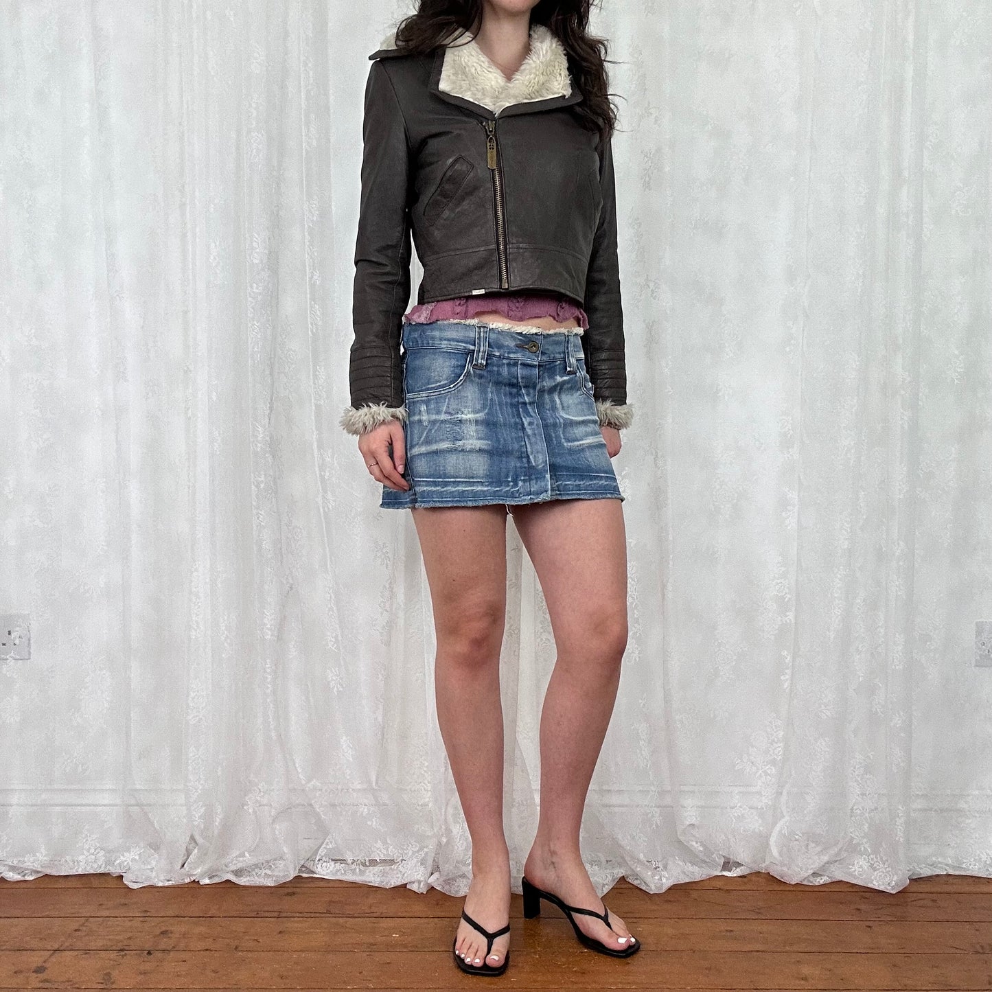 vintage 00s dark brown crop aviator jacket