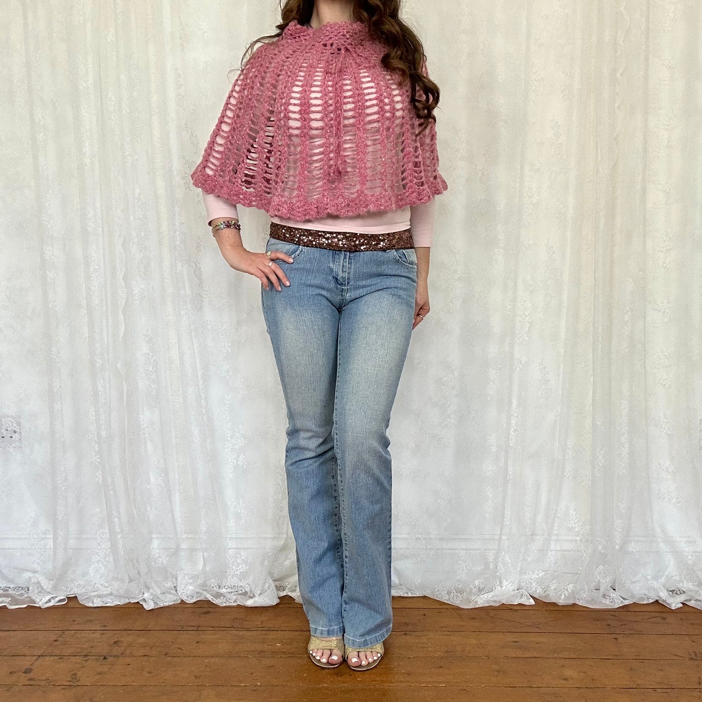 vintage 00s pink crochet poncho