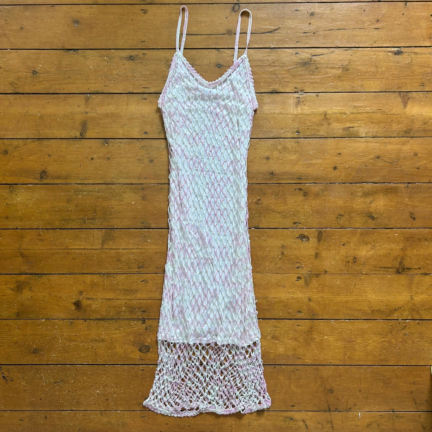 vintage 00s pink beaded crochet midi dress
