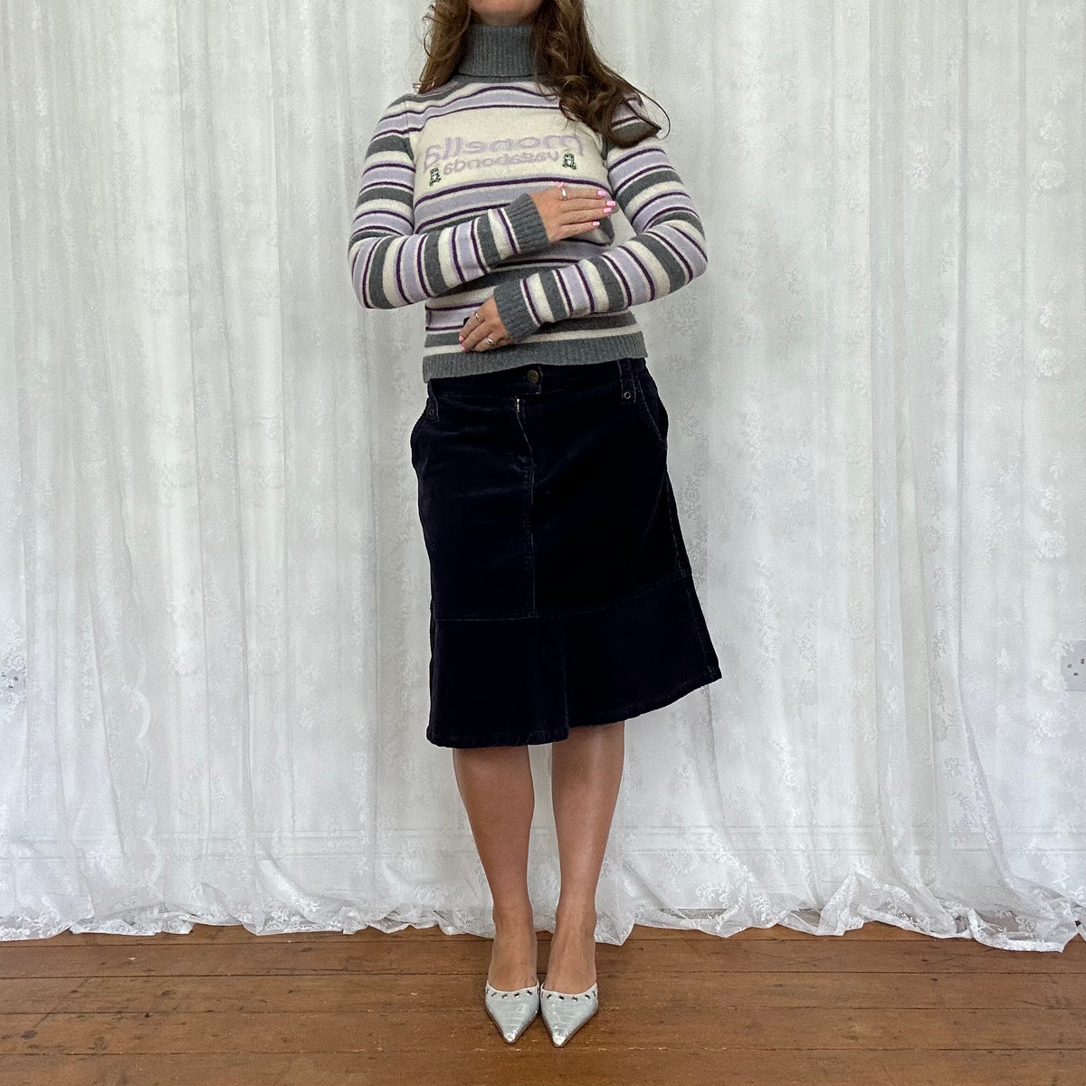vintage 00s purple and grey striped roll neck jumper