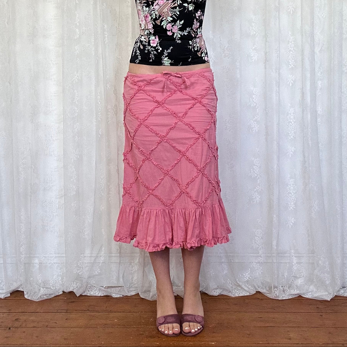 vintage 00s pink linen midi skirt