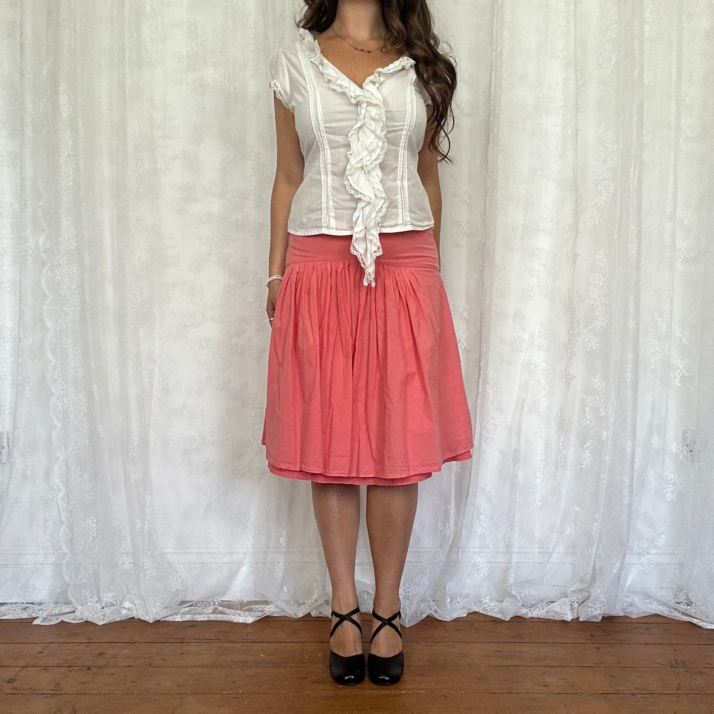 vintage 00s white lace trim short sleeve shirt