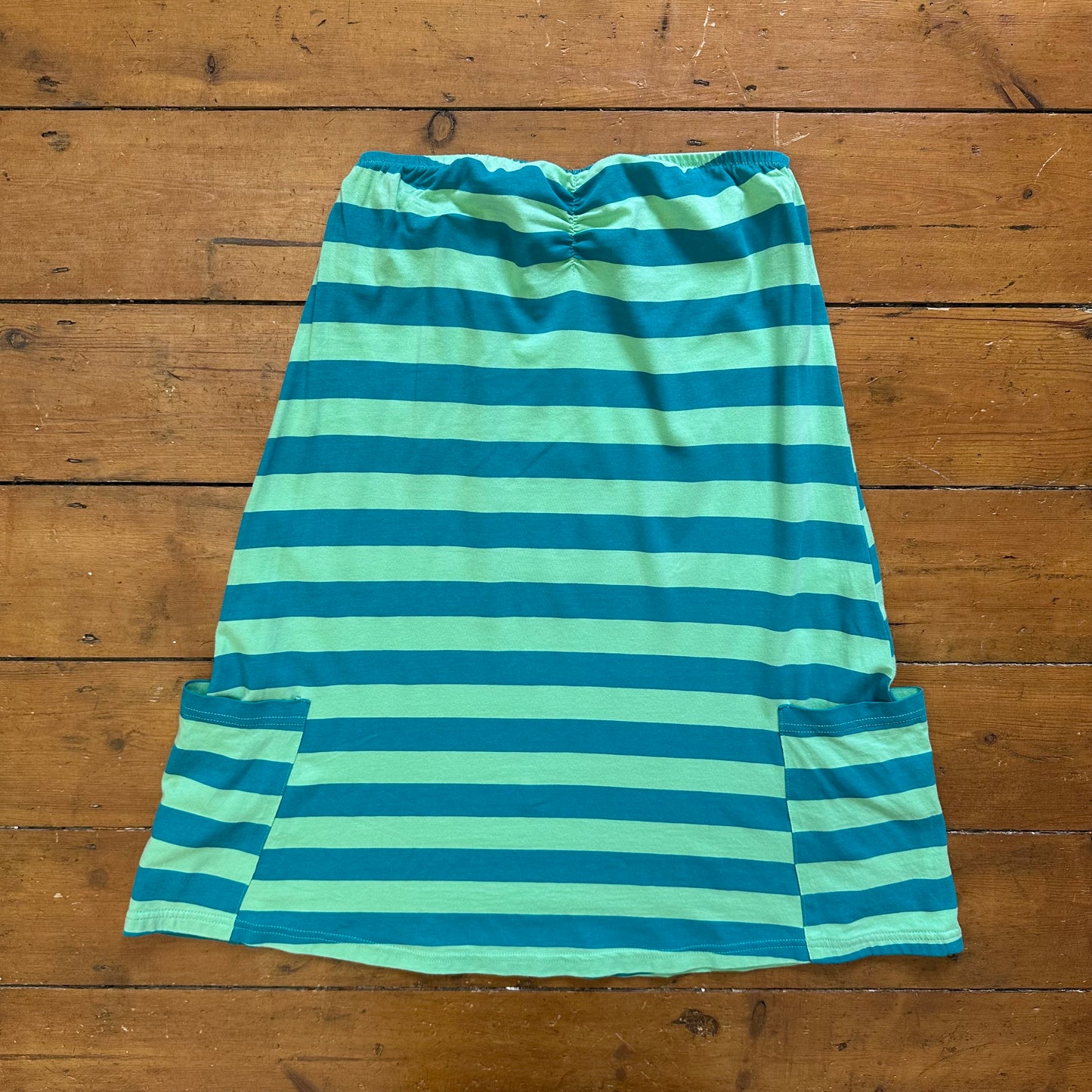 vintage 00s teal blue and green striped strapless mini dress