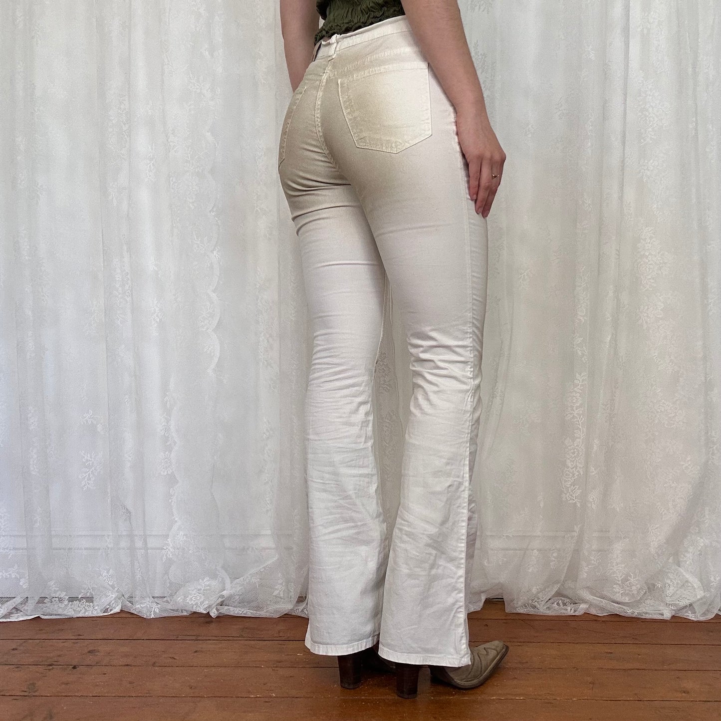 vintage 00s white washed-effect flared trousers