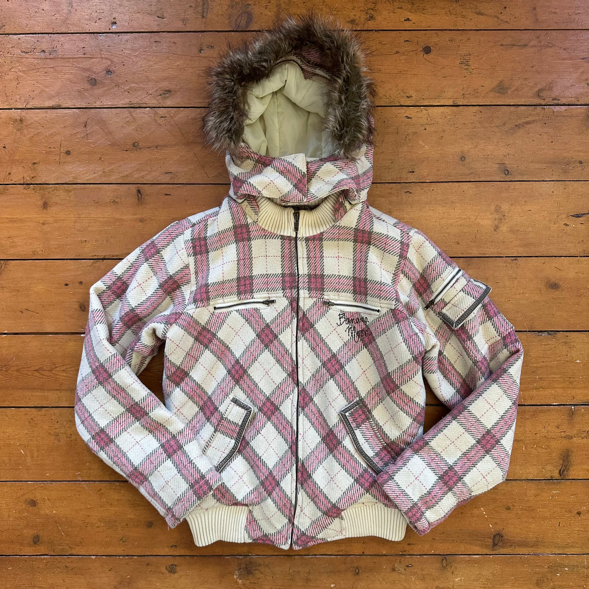 vintage 00s pink and white checkered hooded bomber jacket