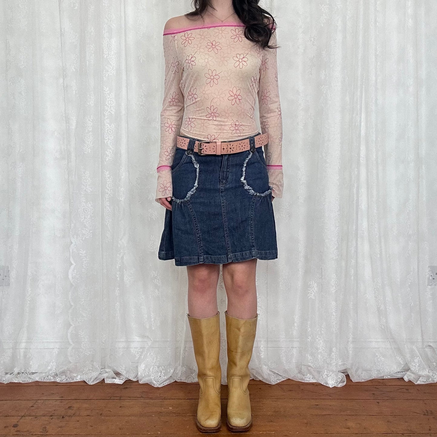 vintage 00s dark wash pleated denim midi skirt